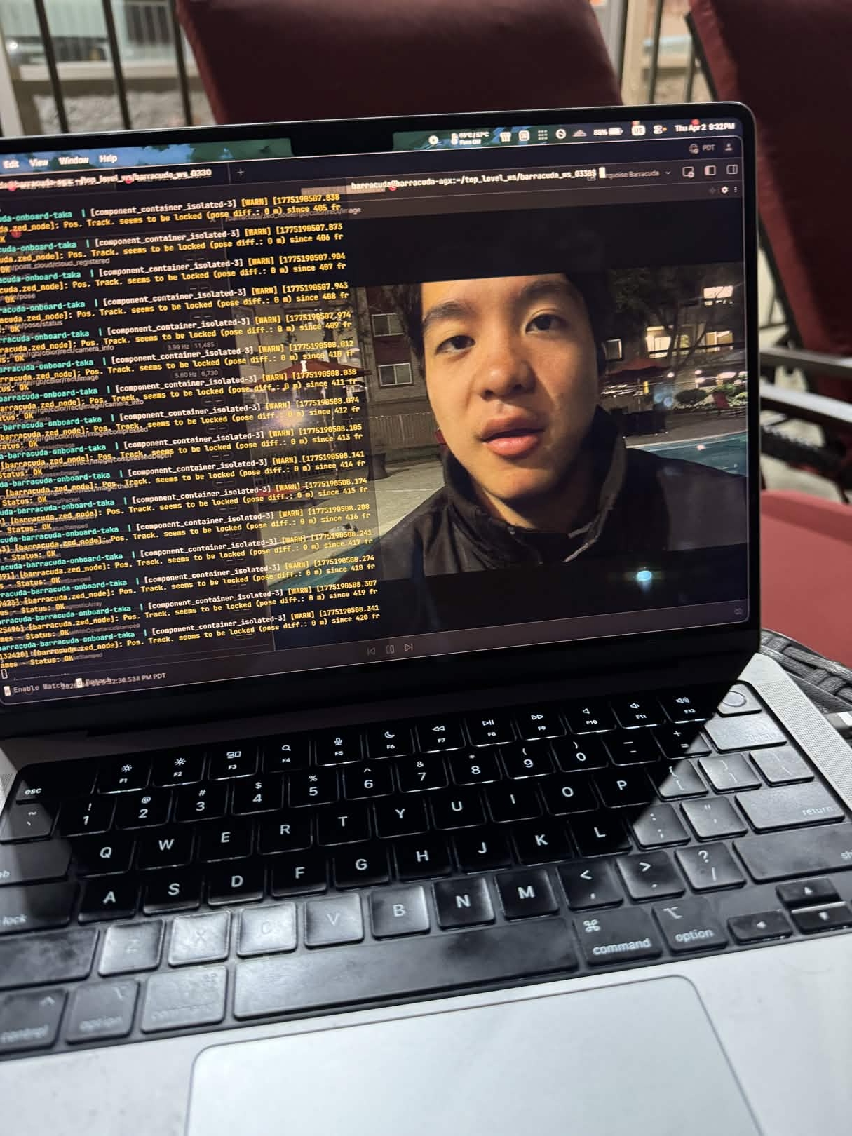 Laptop screen showing Barracuda diagnostics and live video during April wet test troubleshooting.